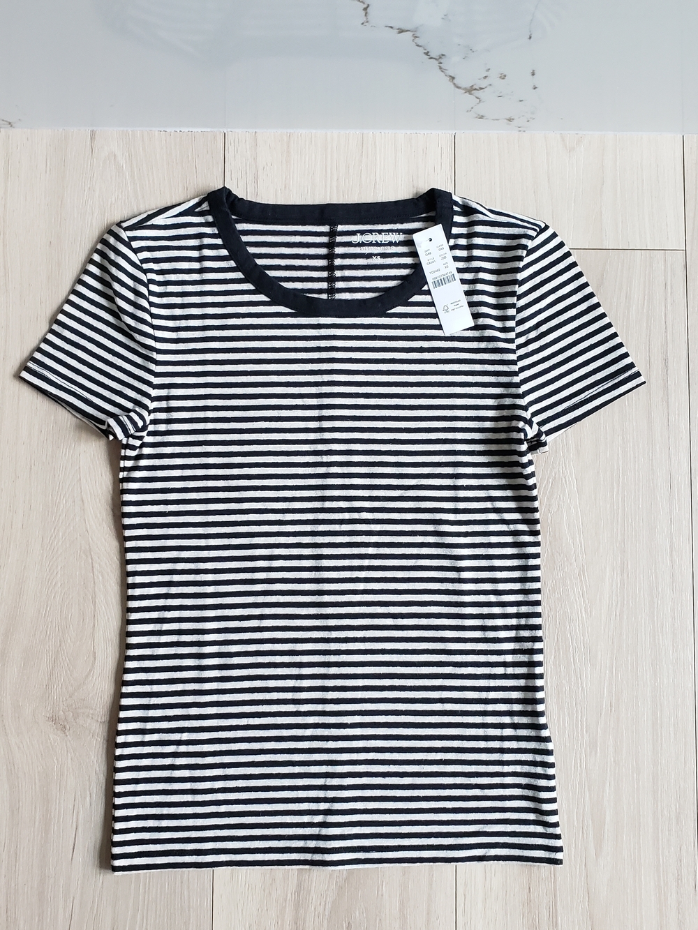 J Crew Shirt Womens XS Navy Stripes Linen Vintage Jersey Classic Fit Crewneck